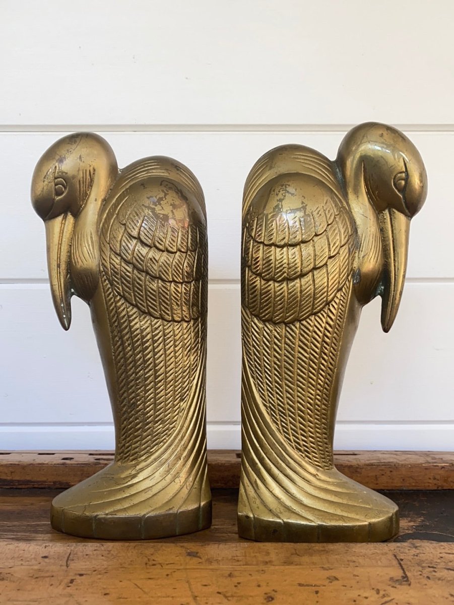 Mid Century Brass Crane Bookends - Diamonds & Rust