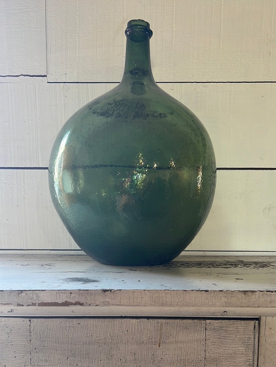 Vintage Glass Bottleneck Jug - Green - Diamonds & Rust
