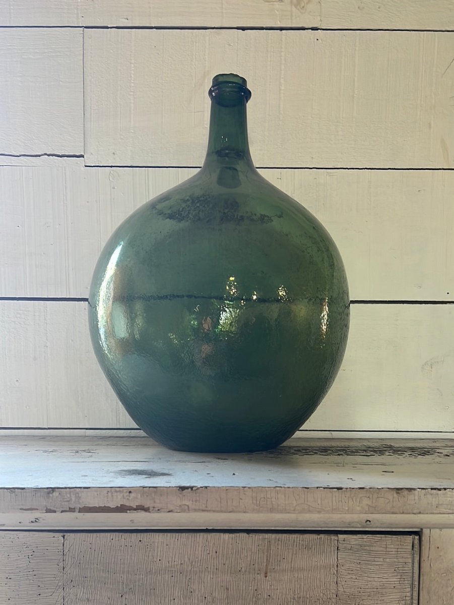 Vintage Glass Bottleneck Jug - Green - Diamonds & Rust