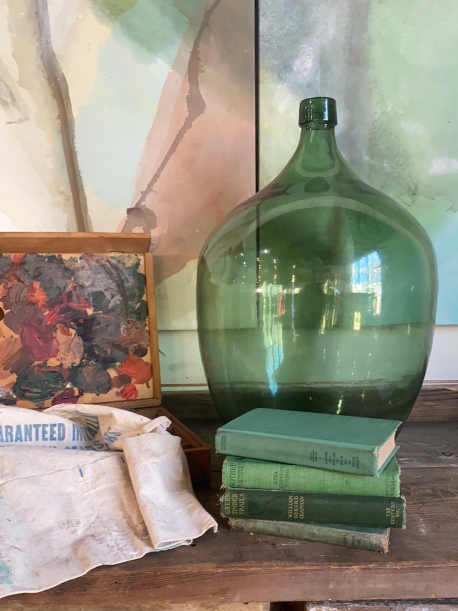 Vintage Glass Bottleneck Jug - Green - Diamonds & Rust
