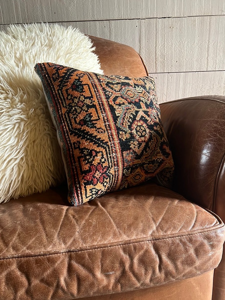 Vintage Rug Pillow - Diamonds & Rust